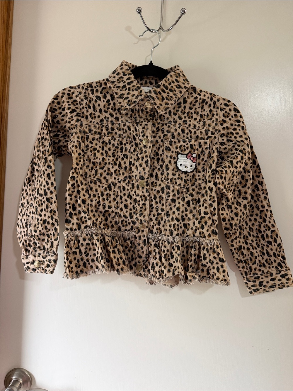 Hello Kitty Girls' Leopard Print Jean Jacket - Tan & Black